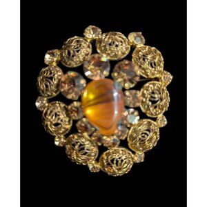 Vintage Austrian Filigree Brooch Amber Glass Cabochon stone  and Rhinestones